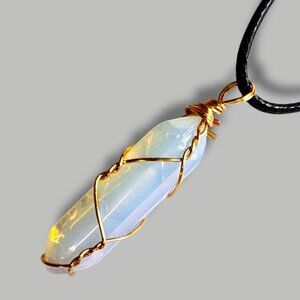 Opalite Crystal Pendant Necklace Black Cord Golden Wire Wrap Calming Soothing